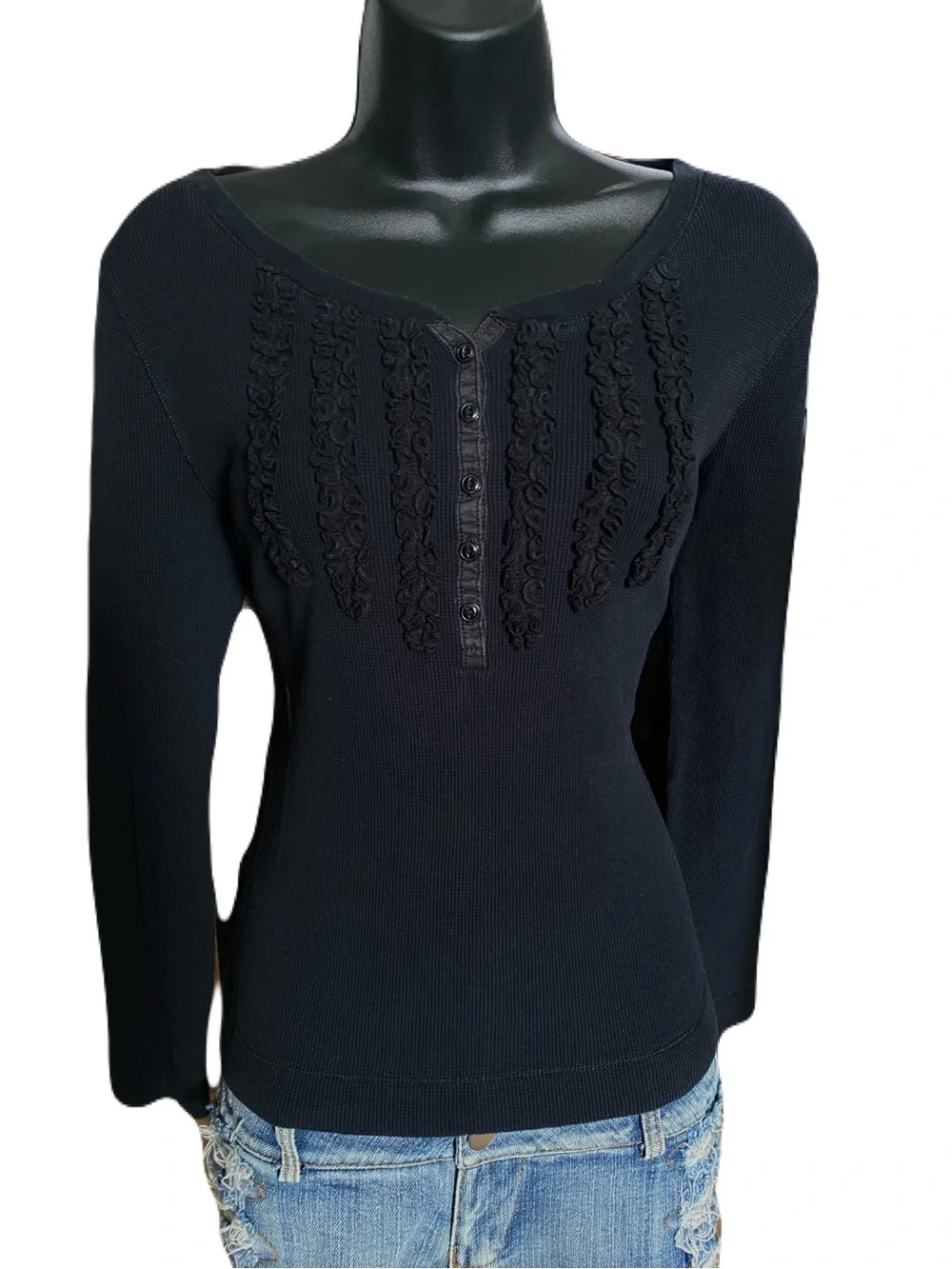 Y2k Ralph Lauren Black Waffle Knit Henley Top with Ruffles & Button Detail